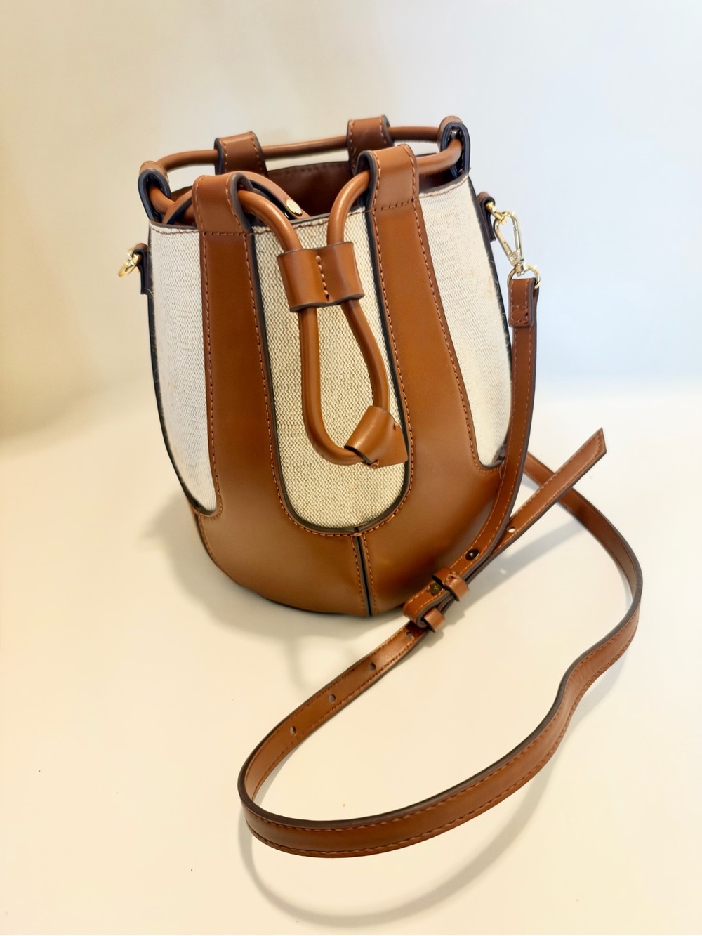 Zara combo bucket bag in dark tan and canvas